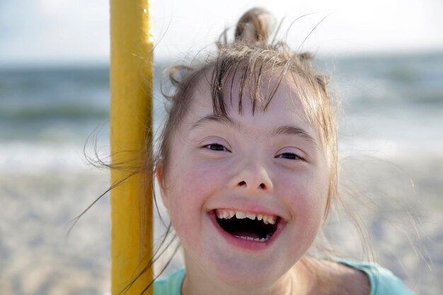 portrait, de, trisomie, girl, sourire