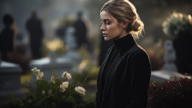 Portrait d'une triste belle femme blonde dans un manteau noir sur le fond du cimetière Mour