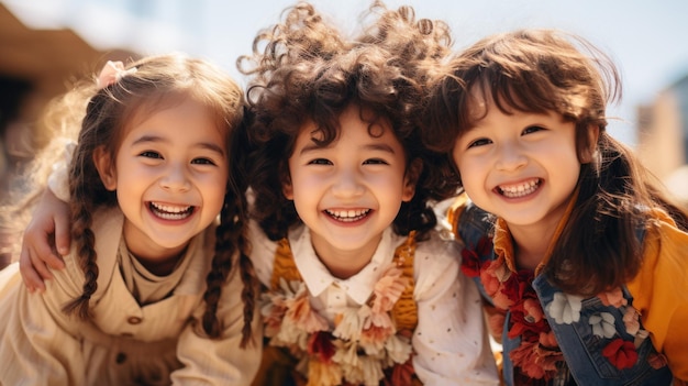 Portrait de trois adorables petites filles asiatiques souriantes et regardant la caméra à l'extérieur AI générative