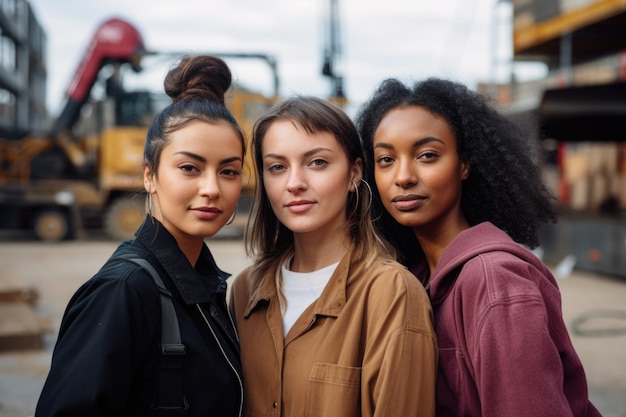 Portrait de trois amies de jeunes ingénieurs ou techniciens debout sur le fond d'un chantier de construction