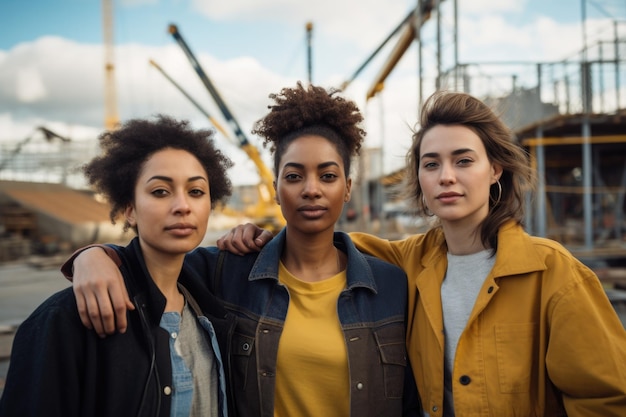 Portrait de trois copines de jeunes ingénieurs ou techniciens debout sur fond de chantier de construction