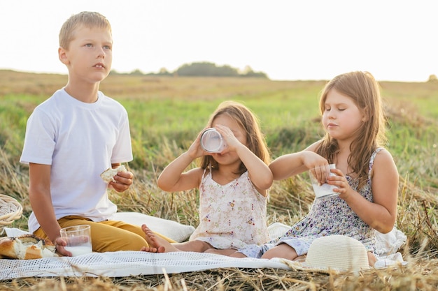 Portrait de trois enfants au repos assis sur une couverture dans un champ en train de pique-niquer avec du lait et du pain savoureux sur le côté de l'herbe