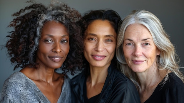 Portrait de trois femmes multiethniques avec des dreadlocks souriant à la caméra célébrant la diversité et l'égalité des sexes à l'occasion de la Journée internationale de la femme