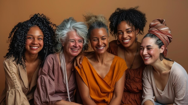 Portrait de trois femmes multiethniques avec des dreadlocks souriant à la caméra célébrant la diversité et l'égalité des sexes à l'occasion de la Journée internationale de la femme
