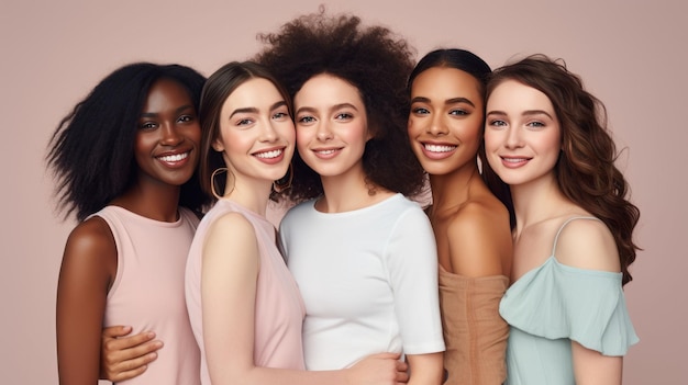 Portrait de trois jeunes femmes multiraciales debout ensemble et souriant à la caméra