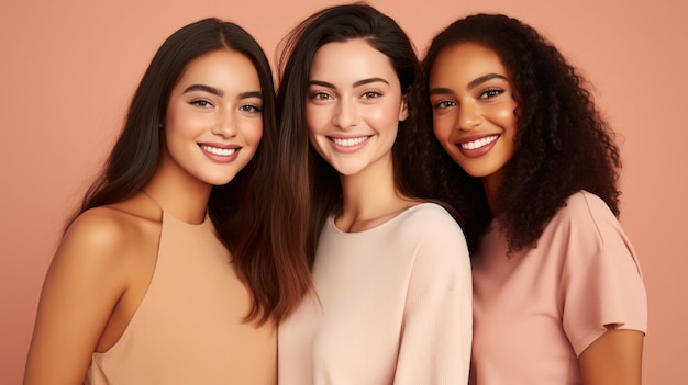 Portrait de trois jeunes femmes multiraciales debout ensemble et souriant à la caméra