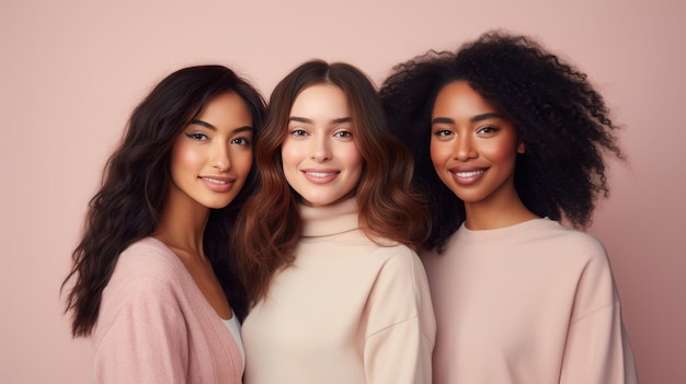 Portrait de trois jeunes femmes multiraciales debout ensemble et souriant à la caméra