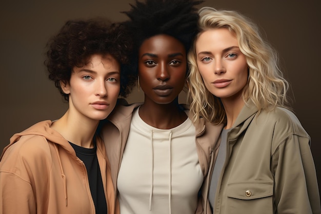 Portrait de trois jeunes femmes de races différentes regardant la caméra vêtues de sweatshirts de couleurs pastel