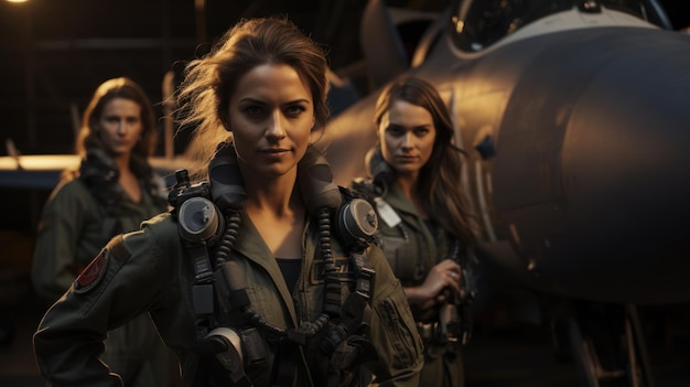 Portrait de trois pilotes féminines d'un avion de chasse militaire