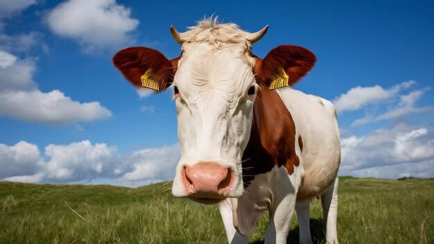 Photo portrait d'une vache sur l'herbe verte avec un ciel bleu