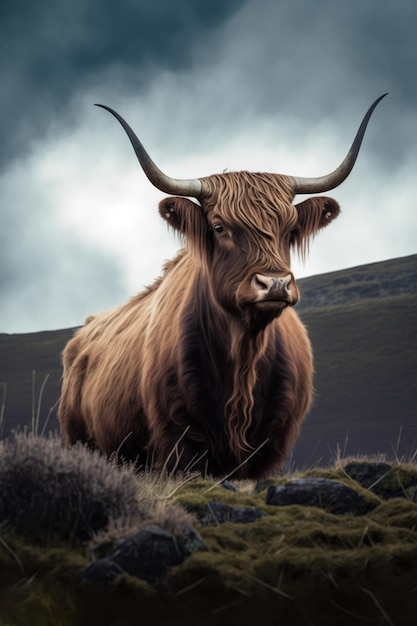 Portrait de vache highland debout dans l'herbe dans les montagnes créée à l'aide de la technologie générative ai