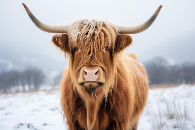 Portrait d'une vache des Highlands écossaises au coucher du soleil en hiver