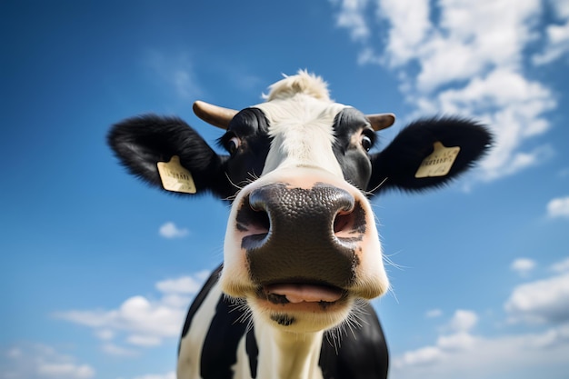 Portrait d'une vache noire et blanche dans le ciel bleu