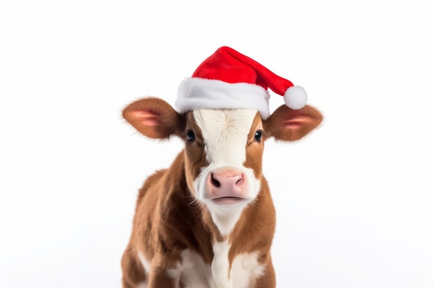 Portrait d'une vache portant un bonnet de Noël