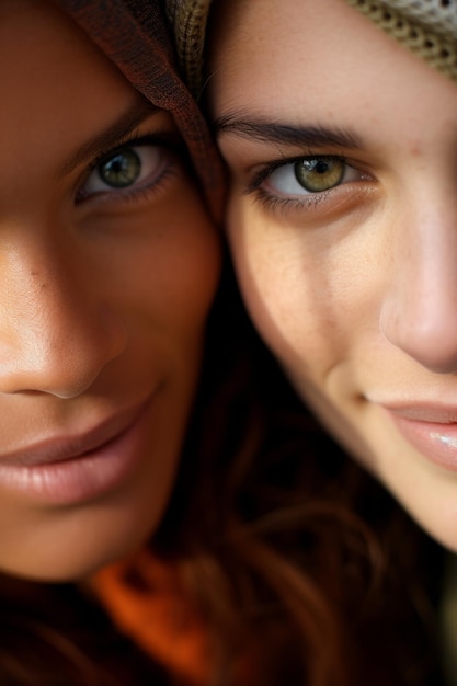 Photo portrait vertical de deux amis multiraciaux qui s'appuient face à face ai générative