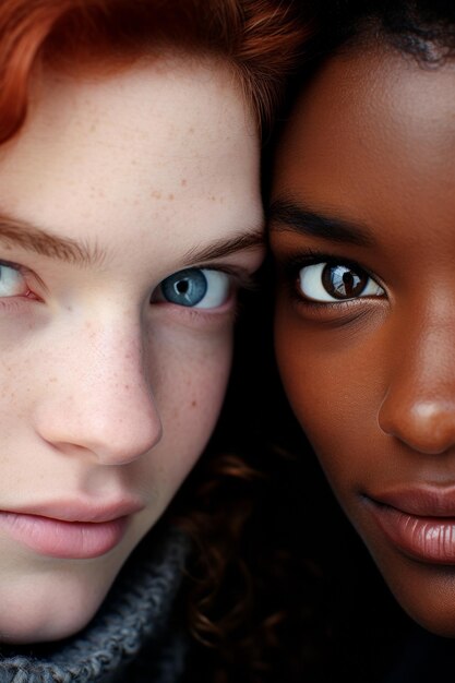 Photo portrait vertical de deux amis multiraciaux qui s'appuient face à face ai générative