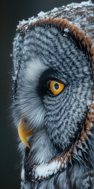 Portrait vertical du grand hibou gris strix nébuleuse