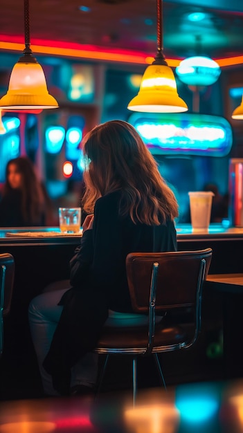 Portrait vertical d'une femme dans un café de nuit se relaxant après le travail concept de solution de santé mentale prob