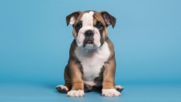 Photo portrait vertical d'un funny chiot de bulldog anglais isolé sur un bleu