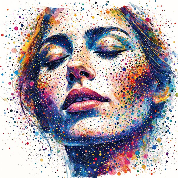Un portrait vibrant et coloré d'une femme avec les yeux fermés montrant une vue rapprochée de son visage orné de taches de couleur