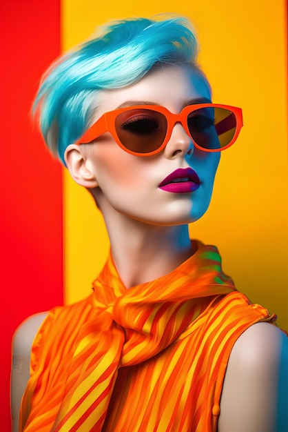 Portrait vibrant d'une femme avec des lunettes et une coupe de cheveux courte en gros plan ai art génératif