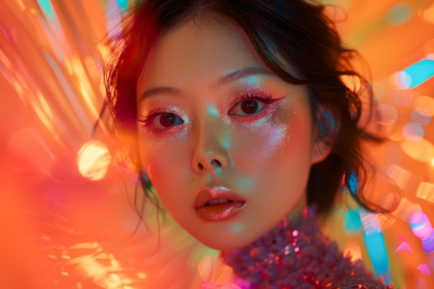 Portrait vibrant d'une jeune femme avec un maquillage étincelant et des lumières au néon colorées en arrière-plan
