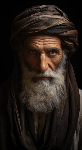 Portrait d'un vieil homme au turban sur fond noir