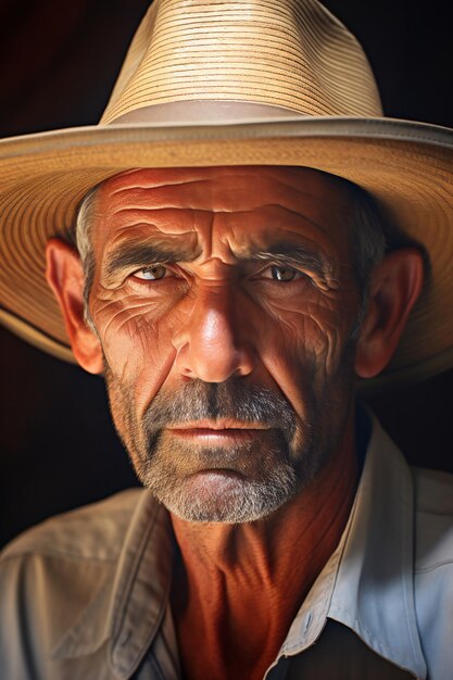 Portrait d'un vieil homme dans un chapeau de cowboy sur fond sombre