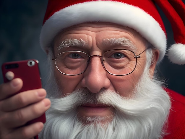 Portrait d'un vieil homme dans un chapeau de Père Noël avec un téléphone portable généré avec l'IA