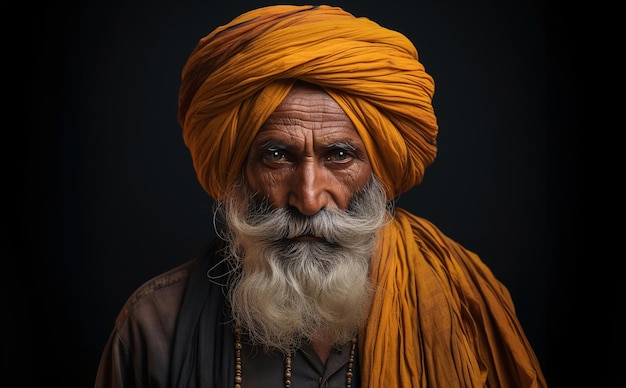 Portrait d'un vieil homme indien barbu dans un turban orange sur un fond sombre