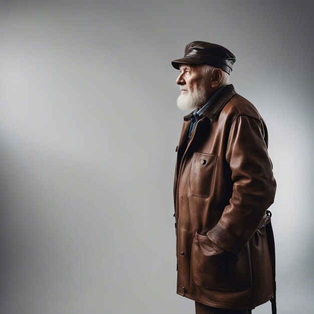 Portrait d'un vieil homme roumain de 90 ans froissé dans une casquette de mineur en cuir fond blanc