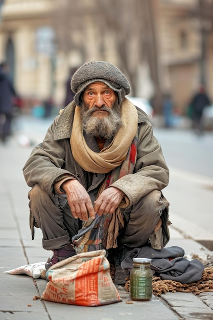 Portrait d'un vieil homme sans abri avec une barbe grise assis dans une rue piétonne de la ville Le concept d'aide et d'espoir