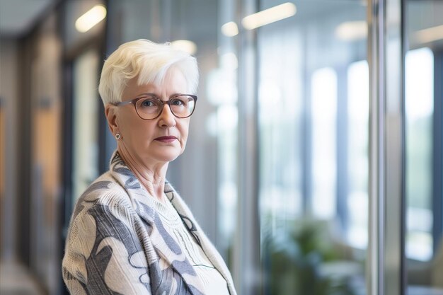 Photo portrait d'une vieille femme d'affaires, arrière-plan d'une bannière, patronne âgée, directrice générale