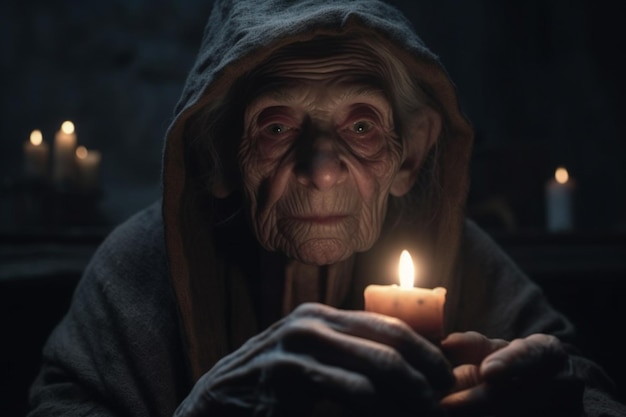 Portrait d'une vieille femme avec une bougie sur un fond sombre