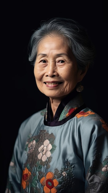 Photo un portrait d'une vieille femme avec une fleur au cou.
