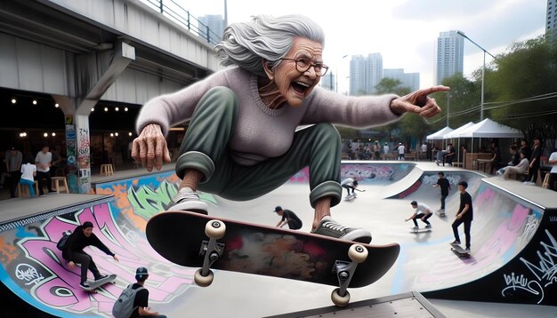 Portrait d'une vieille femme grise drôle sautant sur un skateboard dans un skatepark.