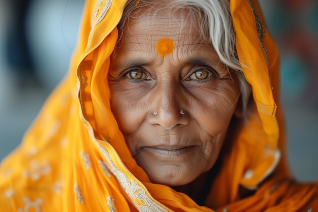 Portrait d'une vieille femme indienne en foulard