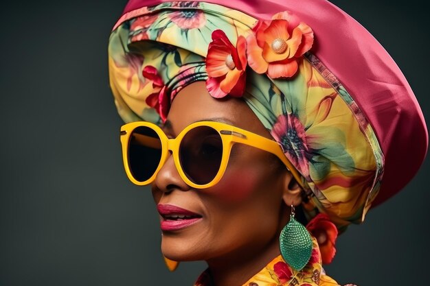 Portrait d'une vieille femme noire élégante dans un turban et des lunettes de soleil jaunes avec des accessoires de mode