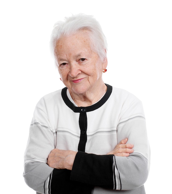 Portrait de vieille femme souriante isolée