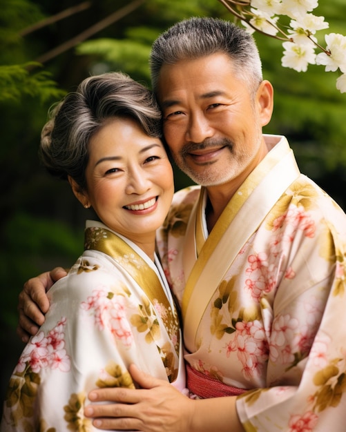 Portrait de vieux couple asiatique avec kimono