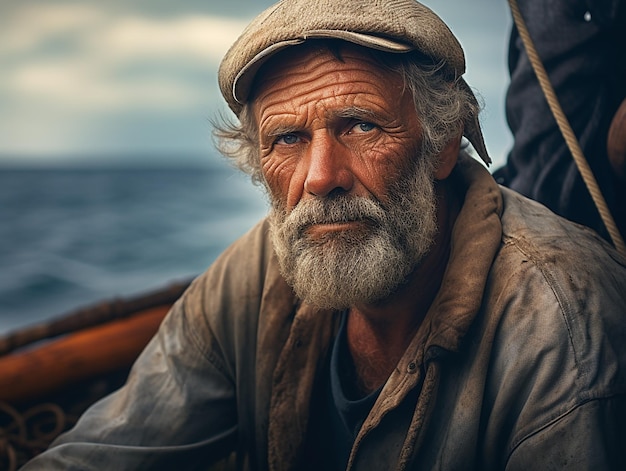 Photo portrait d'un vieux pêcheur avec un arrière-plan pittoresque