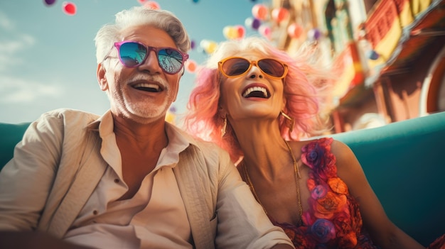 Portrait vif en gros plan d'un couple de personnes âgées, un homme et une femme heureux en voyage, des voyageurs âgés, une vieillesse heureuse, une saison touristique, des personnes âgées émotionnelles, une image générée par l'IA.