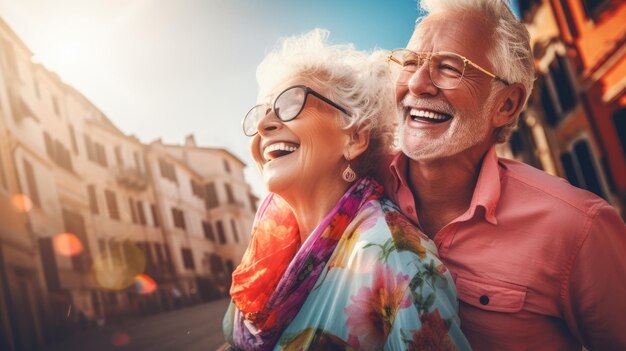 Portrait vif en gros plan d'un couple de personnes âgées, un homme et une femme heureux en voyage, des voyageurs âgés, une vieillesse heureuse, une saison touristique, des personnes âgées émotionnelles, une image générée par l'IA.