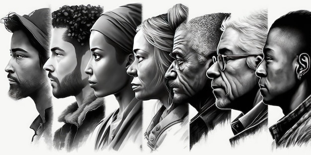 Portrait de visage de diverses personnes ensemble regardant droit Concept multiracial