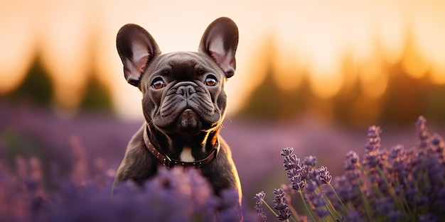 Portrait de visage mignon d'un bulldog français généré par l'IA sur un champ de lavande