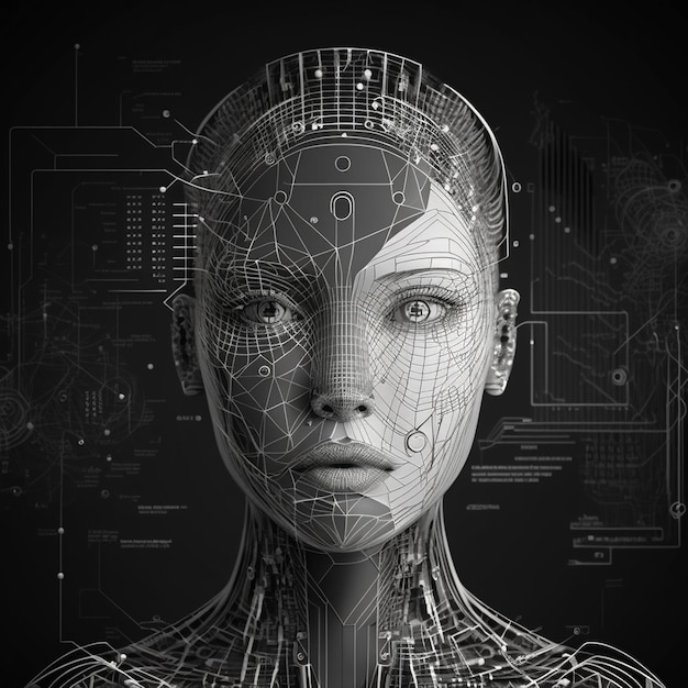 Portrait d'un visage de robot cybrog féminin Intelligence artificielle