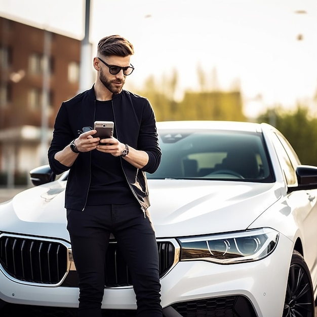 Portrait d'une voiture de luxe avec un bel homme d'affaires élégant