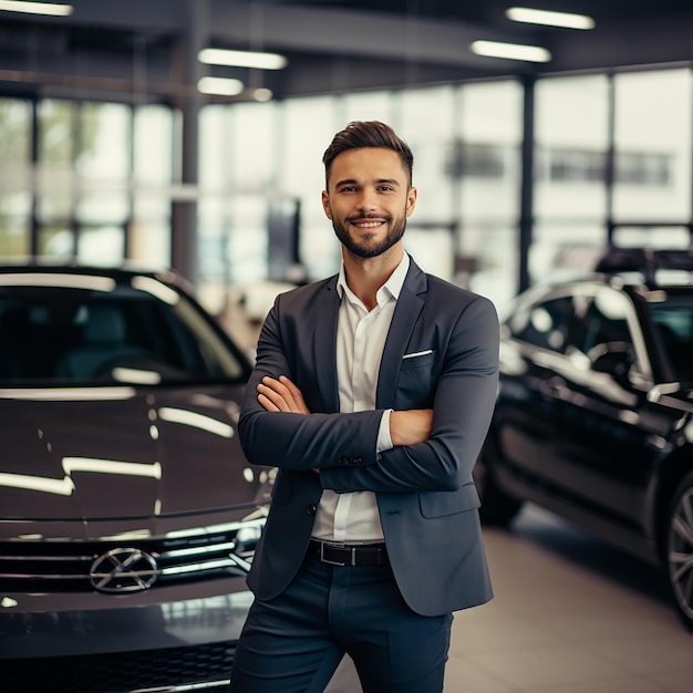 Portrait d'une voiture de luxe avec un bel homme d'affaires élégant