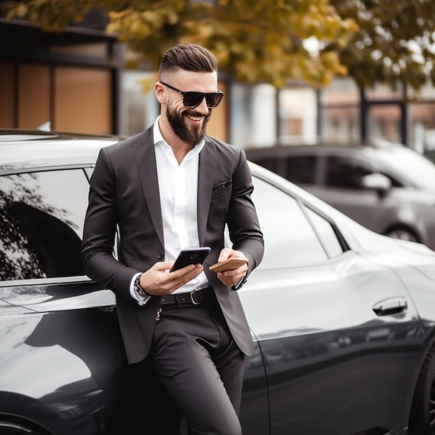 Portrait d'une voiture de luxe avec un bel homme d'affaires élégant