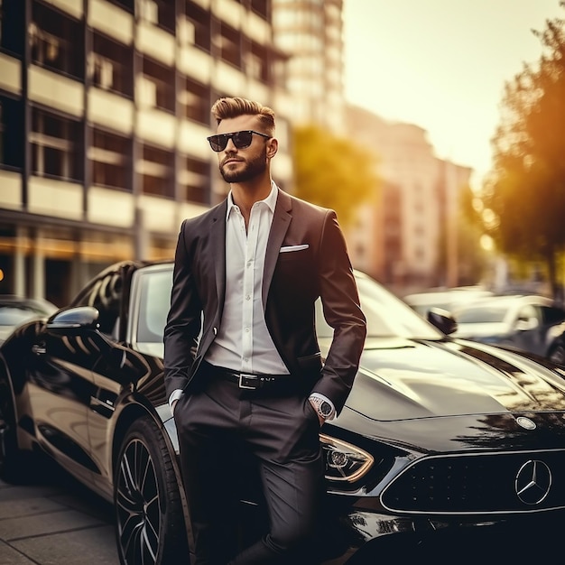Photo portrait d'une voiture de luxe avec un bel homme d'affaires élégant